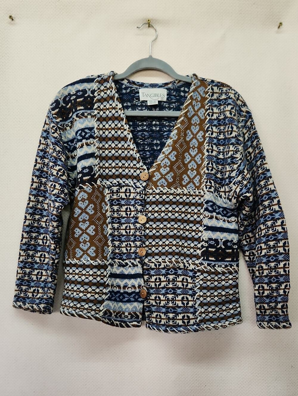 Tangibles Patchwork Knit Cardigan in Blue and Brown